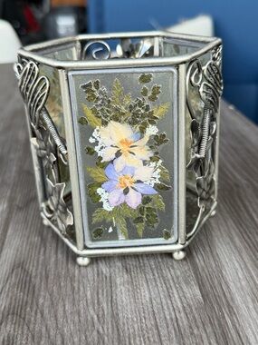 Metal silver toned candle votive with pressed flower panels